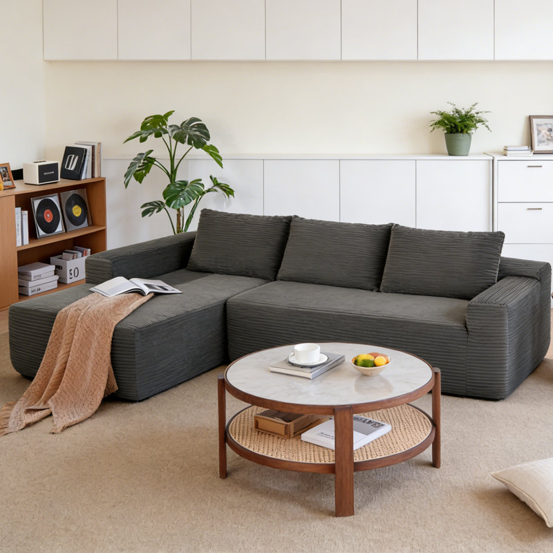 Canapé modulaire en forme de L avec méridienne Boneless Corduroy, Face à la gauche, Velours côtelé gris foncé