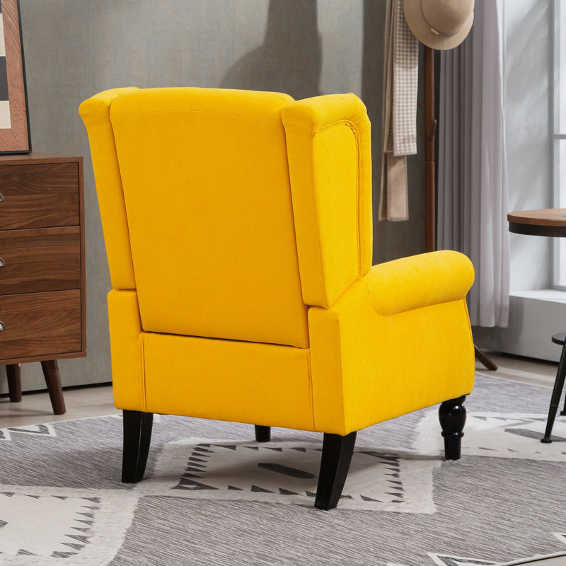 Mid-Century Modern Accent Chair,High Wingback Chair,Button-Tufted Upholstered Fabric Armchair,wood, Yellow Polyester