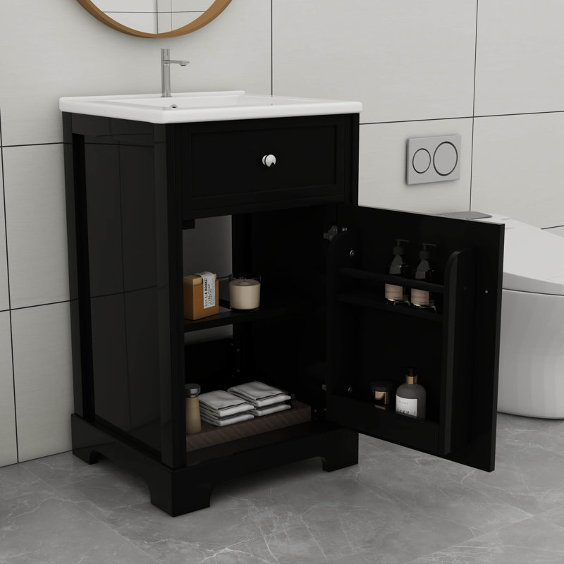 Meuble-lavabo de 20 pouces avec comptoir en céramique à deux niveaux et tablettes réglables, Noir
