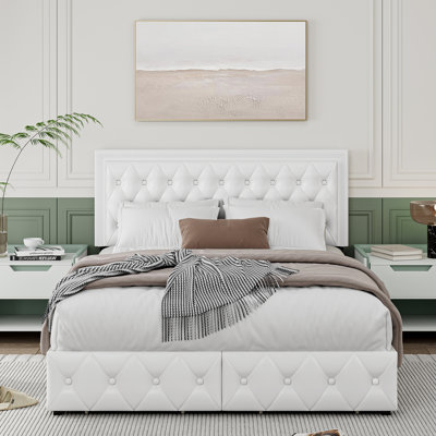 Athanasius Modern LED Platform Bed, PU Upholstered Bed with Storage Drawers, RGB Lighting & Music Sync, Adjustable Headboard, No Box Spring Needed, Easy Assembly