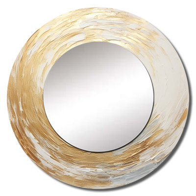 Ronalda Gold And White Soft Wave Vortex - Abstract Spirals Large Mirror, Beige Round Unique Wall Mirror Decor, Printed Metal Art
