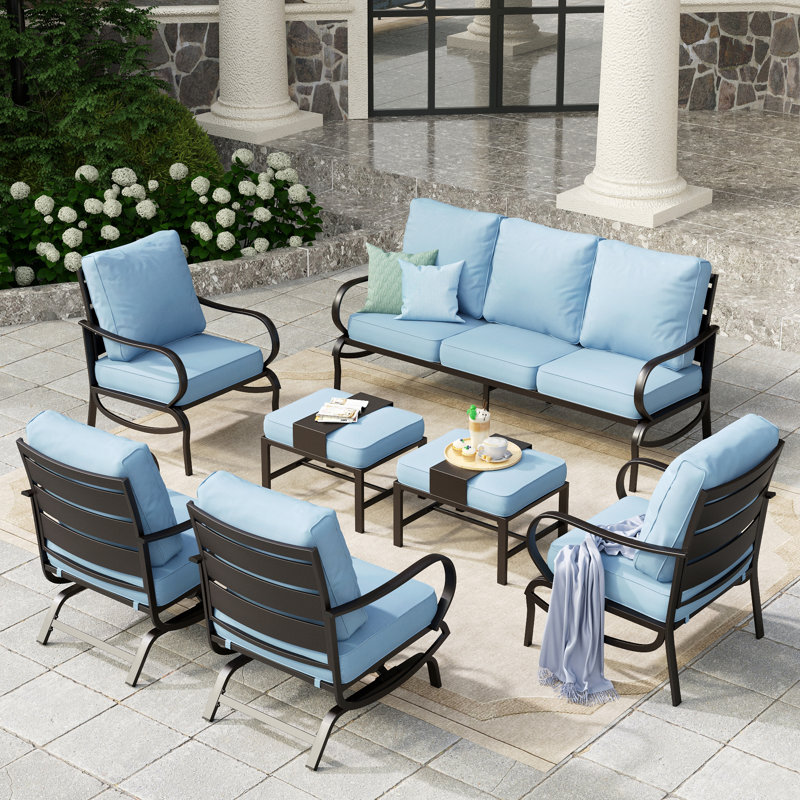 Tapasi 9 - Person Patio Conversation Set with Rocking Lounge Chairs & Optional Firepit Table, No, Light Blue
