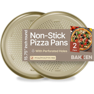 Bakken 16 Inch Non-stick Pizza Pan 2 Pack, Round Carbon Steel Pizza Tray With Perforated Holes, Pfoa, Pfos, & Ptfe-free, Dishwasher & Oven Safe Up To 450°f, Durable Nonstick Coating, Gold