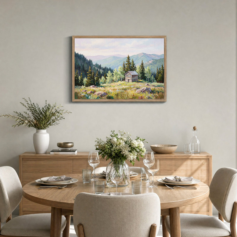 Tableau sur toile représentant une cabane de montagne dans un paysage de forêt de pins, H 18 po x l 24 po