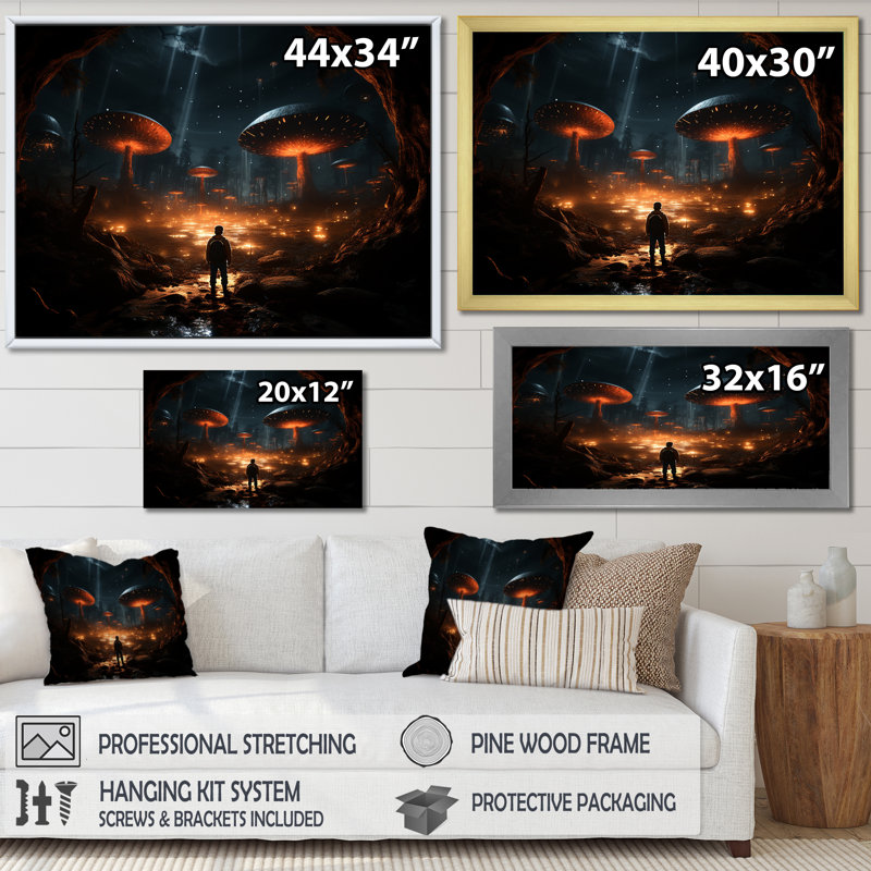 Explorateur aventureux dans une forêt de champignons magiques - reproductions d'art mural champignon, Cadre flottant doré