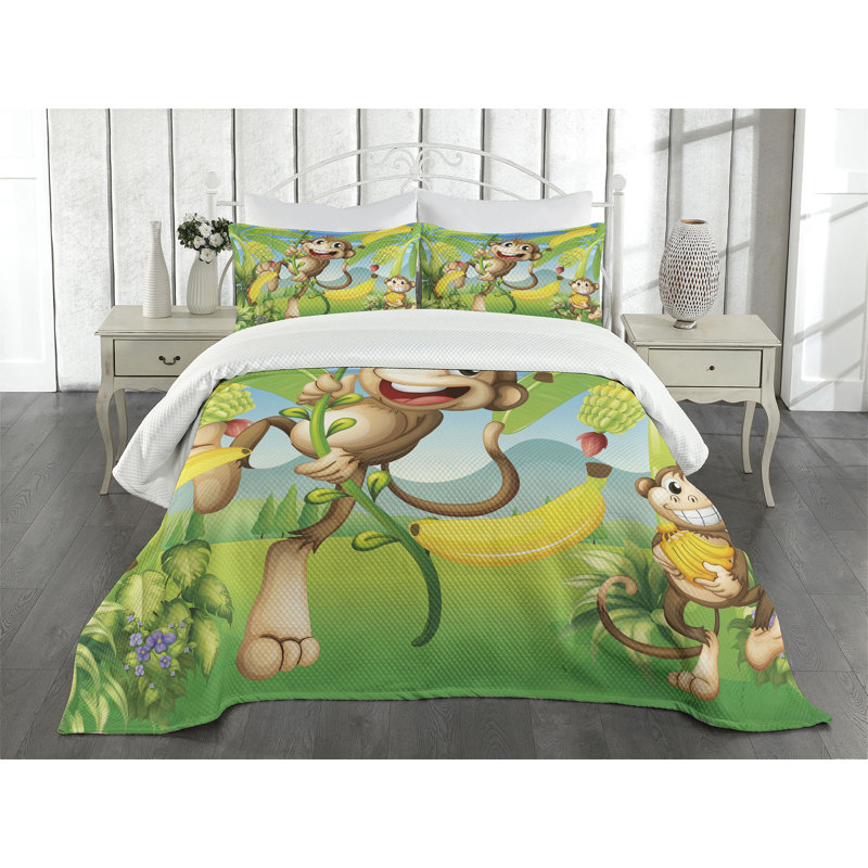 Multicolore ensemble de couvre-lit 2 singes et bananes Ambesonne, Couvre-lit pour très grand lit + 2 taies décorat