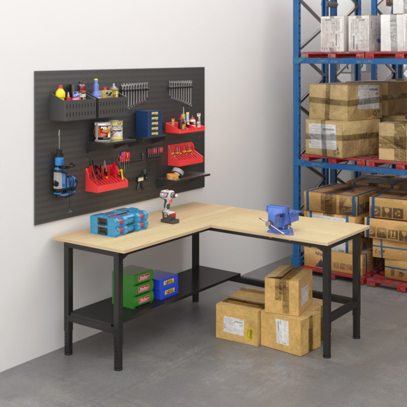 72" L-shaped Heavy Duty Workbench with Solid Wood Top
