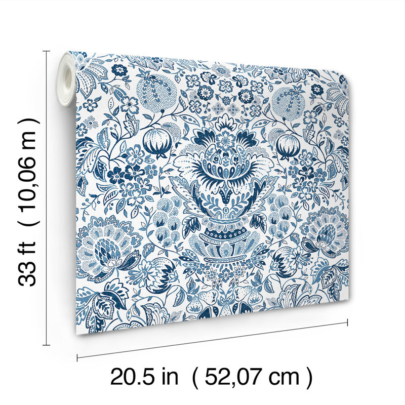 Blanche Dark Green Floral Damask Wallpaper, Blue