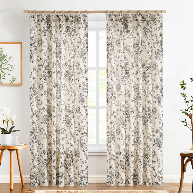 Linen Blend Pinch Floral Curtains with Hooks Curtain Pair, Pleated Black, 40" W x 96" L