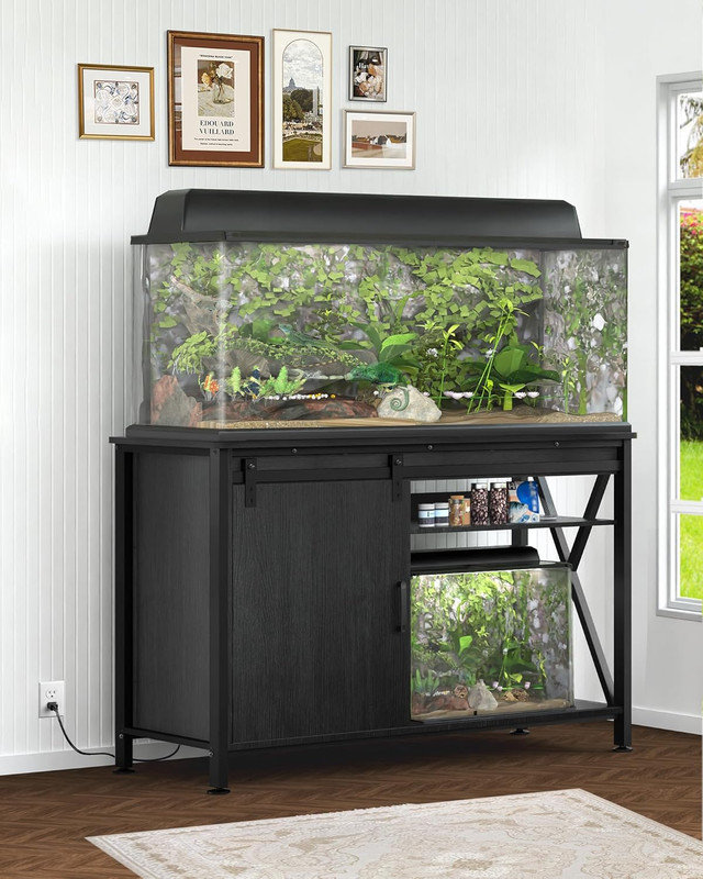 Support d'aquarium 40 gallons avec prise de courant en métal et porte coulissante, Noir
