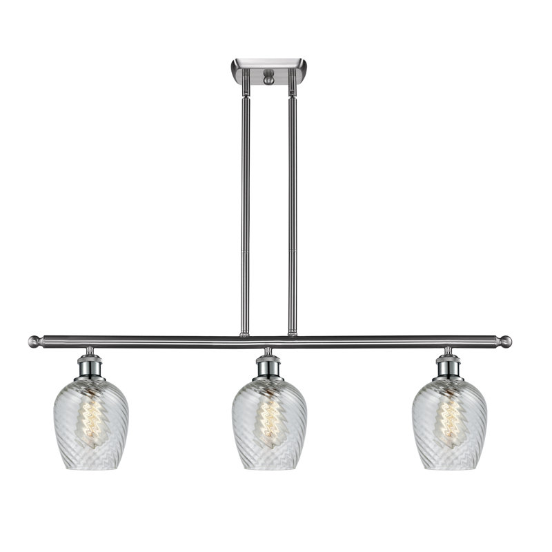 Luminaire suspendu linéaire à 3 lumières pour îlot de cuisine Lyman, Motif cannelé transparent, Nickel satiné brossé