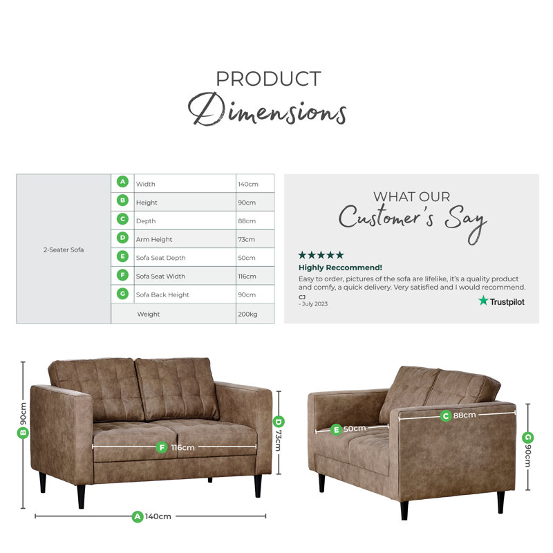Jodi Faux Leather Sofa - Upholstered Modern Retro Fabric Stylish & Contemporary, Brown, 2 Seater