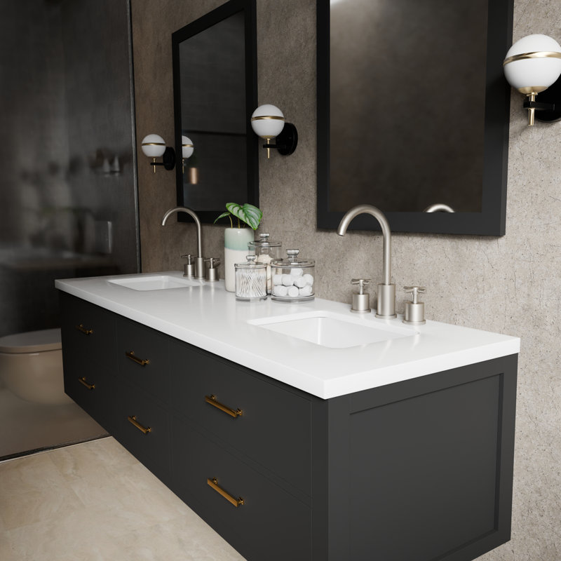 Castor 72" Wall Mounted Double Bathroom Vanity Set, Black, White Cultured Marble