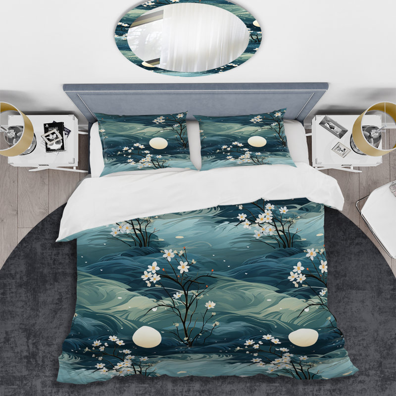 Ensemble de housse de couette White And Blue Calm Costal Reflections - Floral