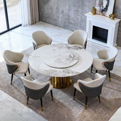 Ensemble de table de salle à manger moderne avec plateau tournant, pierre frittée, blanc doré