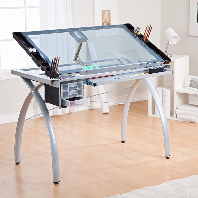 Futura Metal and Glass Artist Craft Table, Silver / Blue Glass