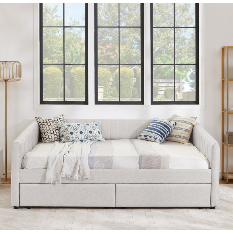 Queen Size Daybed with Two Drawers Trundle Upholstered Sofa Bed, with Vertical Stripes, Linen Fabric, Beige