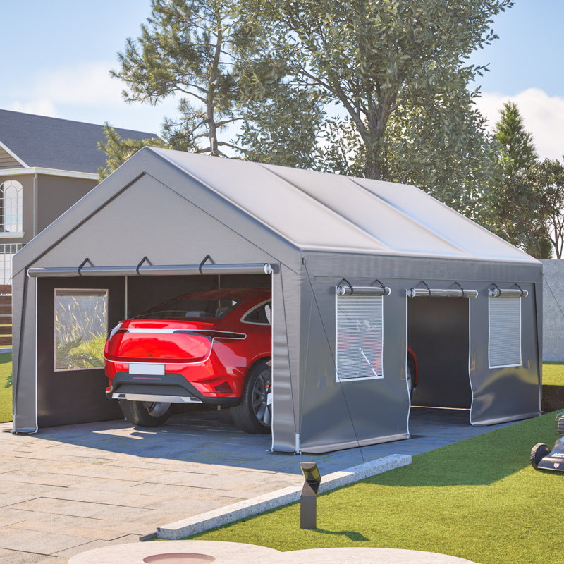 13 pi. L 20 pi. D Tente de garage avec auvent pour abri de voiture, Gris