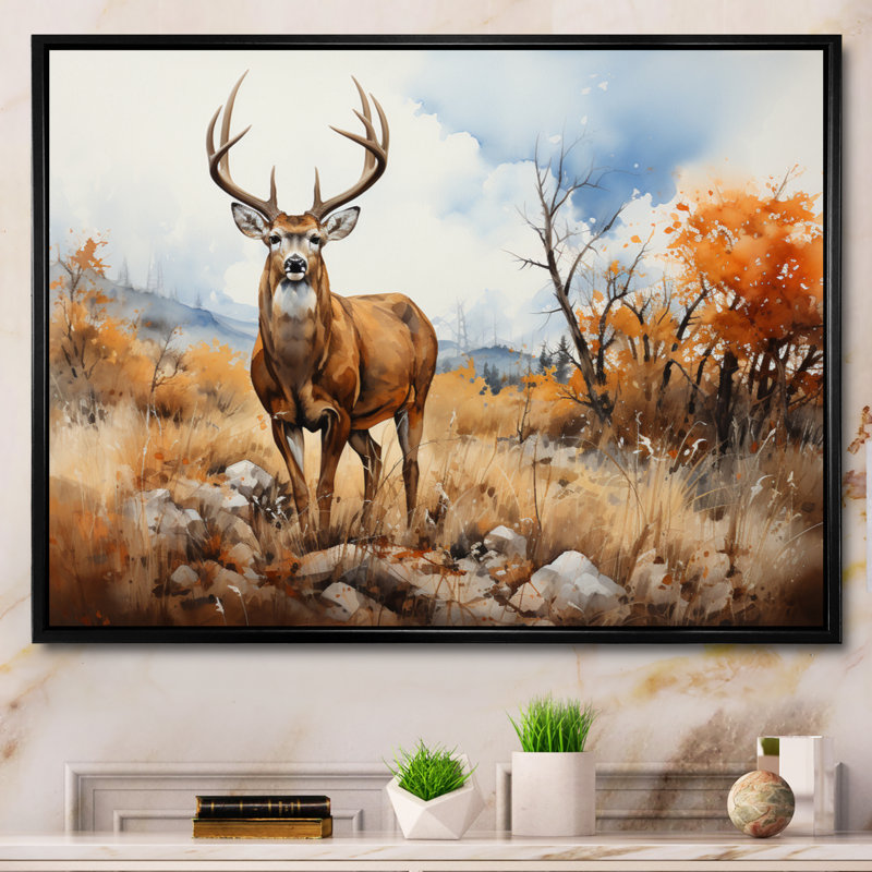 Cerf doré sérénité - reproduction sur toile, H 12 po x l 20 po x P 1 po, Cadre flottant noir