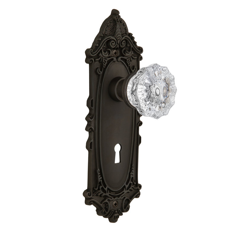 Plaque victorienne avec trou de serrure décoratif et poignée de porte en cristal, 2-3/4", Bronze frotté à l'huile
