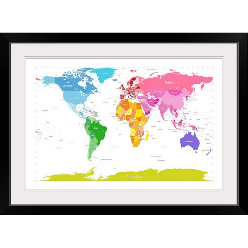 «Continents World Map» par Francy, impression, H 24 po x l 32 po x P 1 po, Cadre noir
