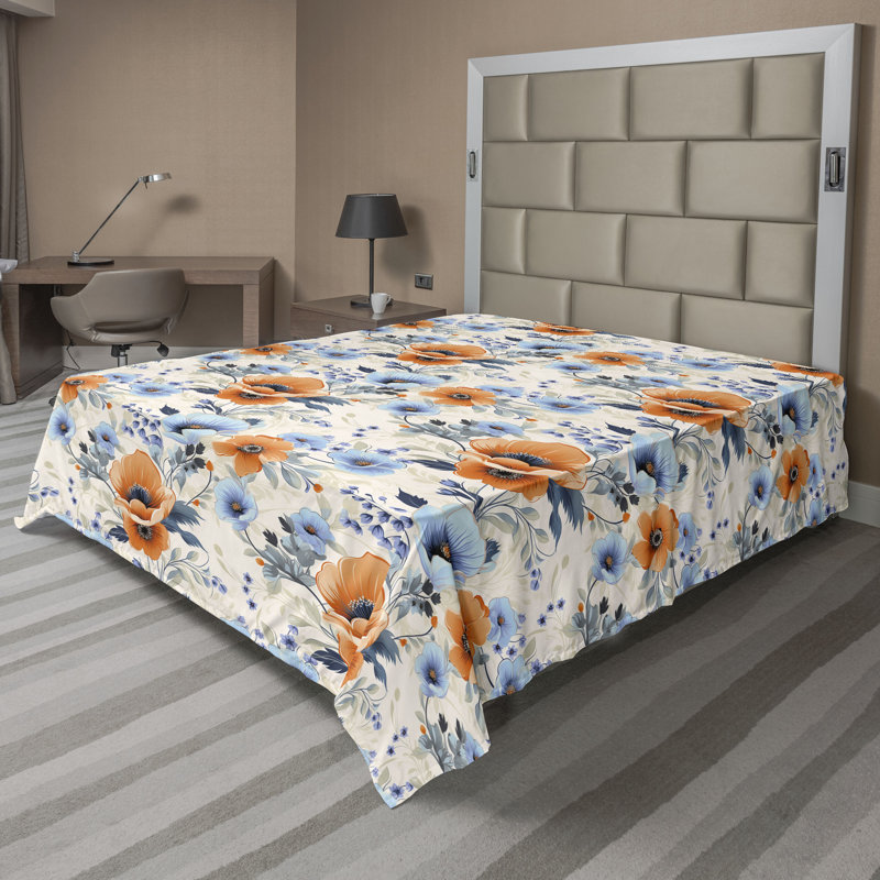 Ambesonne Flowers Flat Sheet Nostalgia Farmhouse, Lavender Blue and Orange