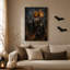Trois squelettes tenant une citrouille rougeoyante sous une toile d'Halloween-142310638