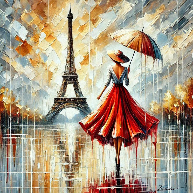 «Elegant Parisian Stroll in the Rain», art mural sur toile tendue, H 30 po x l 30 po x P 1,5 po
