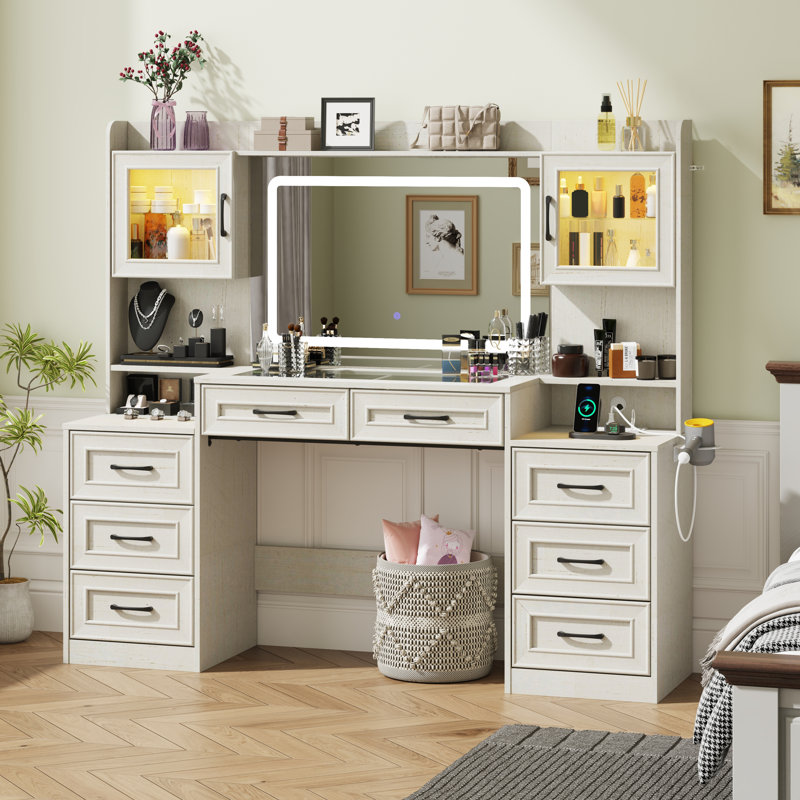 61" W Farmhouse Vanity W/Mirror And Lights,Makeup Vanity W/Tempered Glass Top,2 RGB Glass Cabinets,Power Outlet, White