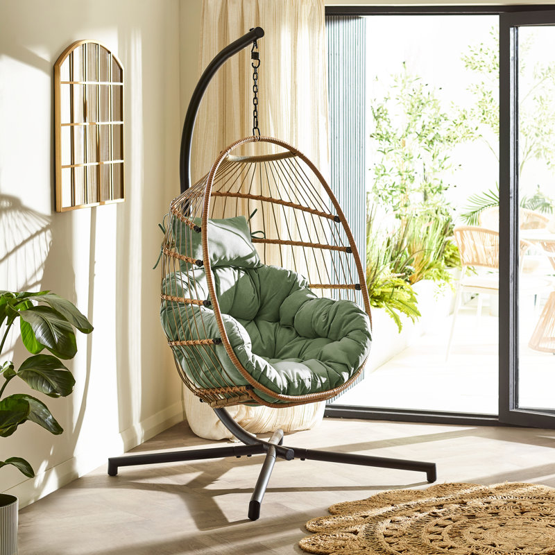 Kouts Cosy Rattan Weave Hanging Egg Chair Garden With Cushion - Contemporary Modern Design, Green