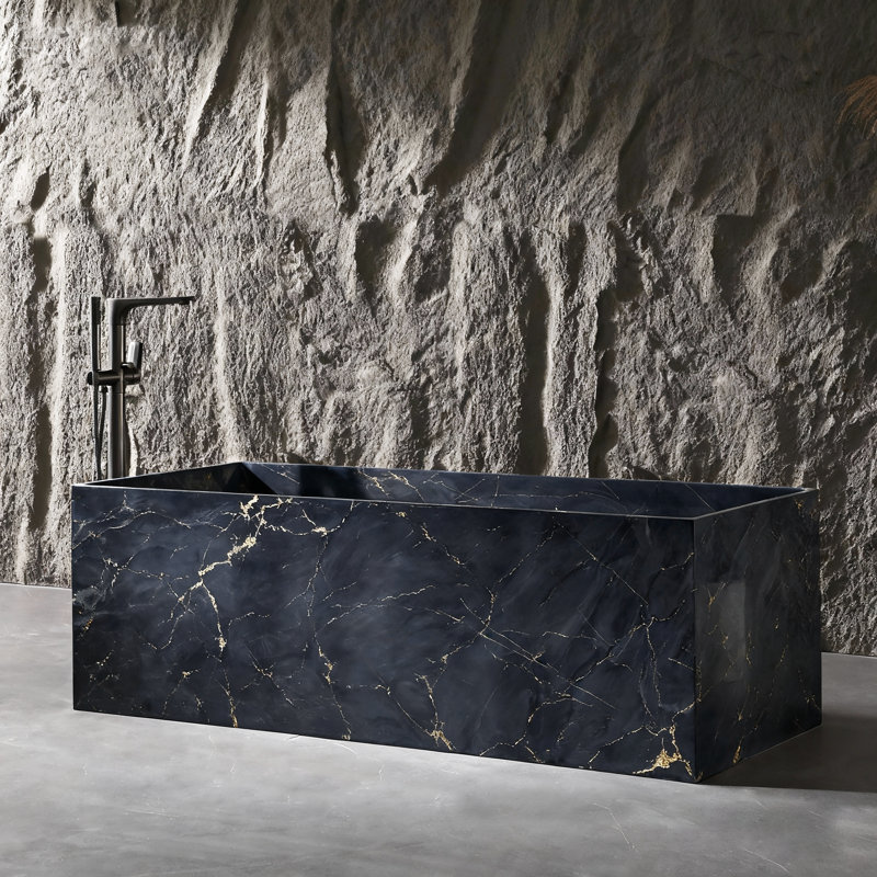 67" Rectangular Freestanding Bathtub Matte Black & Glod Veining Design Stone Resin Soaking Tub With Thick Sloped Backrest