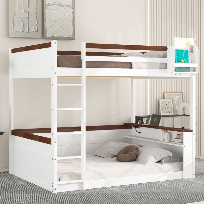 Grand lit superposé en bois avec tablettes et chargement USB, Blanc