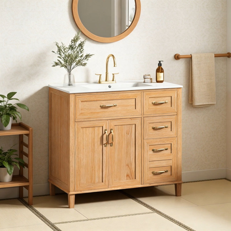 Meuble-lavabo 36 po avec lavabo en céramique, meuble-lavabo moderne en grain de bois naturel, pieds en bois d'hévéa massif, portes doubles à fermeture douce et 4 tiroirs, couleur bois naturel
