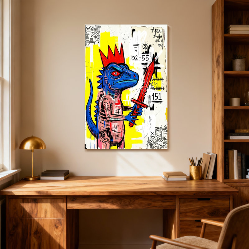 Animaux, dragon bleu avec couronne et épée, H 48 po x l 32 po