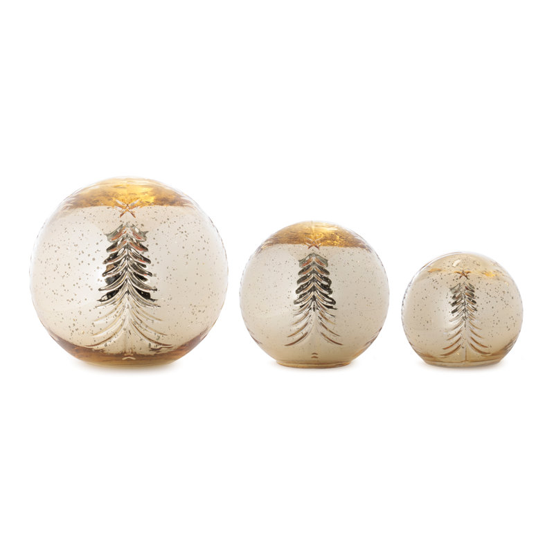 LED Snowy Etched Pine Tree Print Globe (Set of 3), Gold