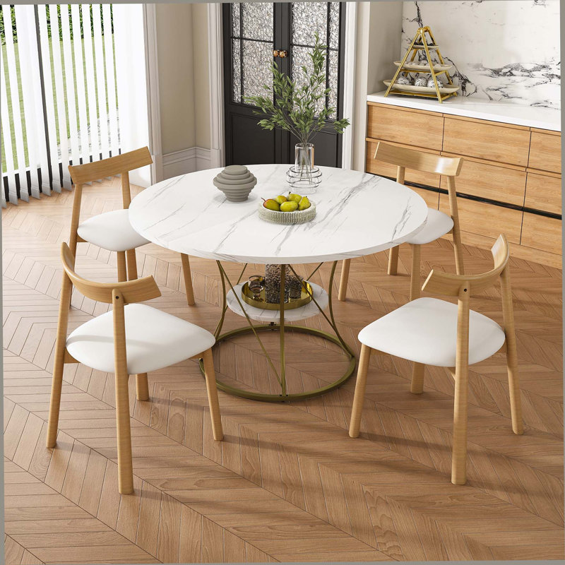 Ensemble de table de salle à manger extensible de 43 pouces pour 4 à 6 personnes avec 4 chaises en bois massif, table à rallonge manuelle sans rail avec placage en marbre et base en métal doré, table de ferme extensible de 43 à 59 pouces