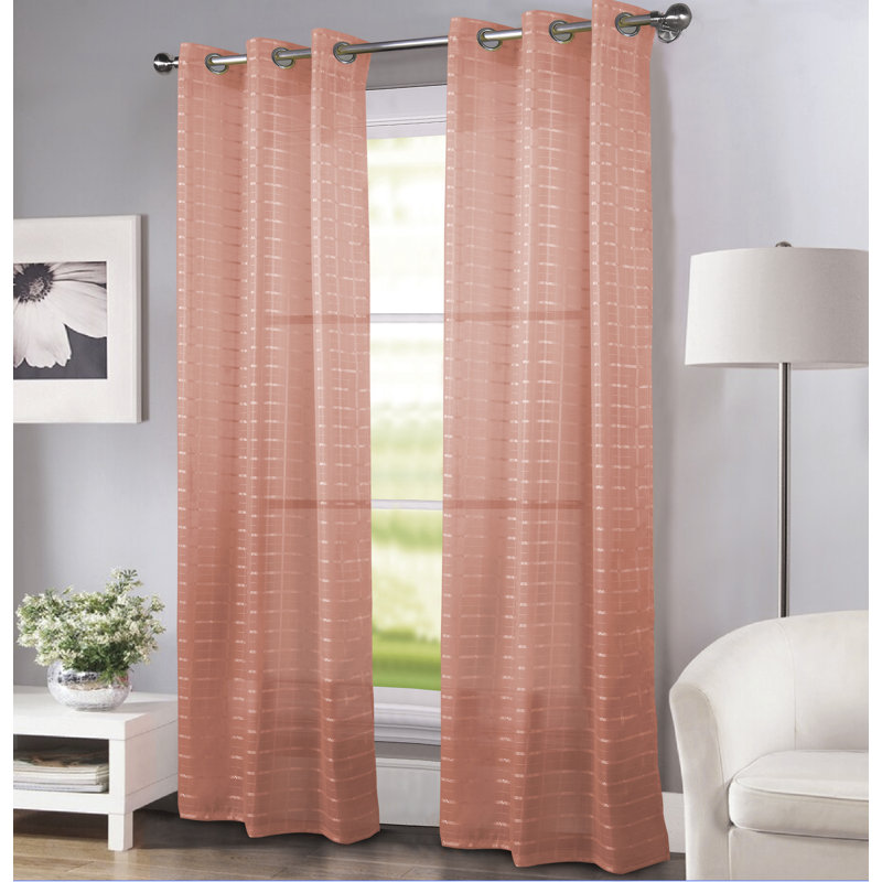 Jardine Plaid Stripe Sheer Window Curtain Panel, Light Coral