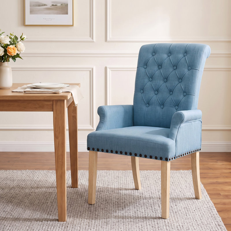 Chaise de salle à manger rembourrée avec accoudoirs en tissu Amdad, Lin, Bleu, Naturel