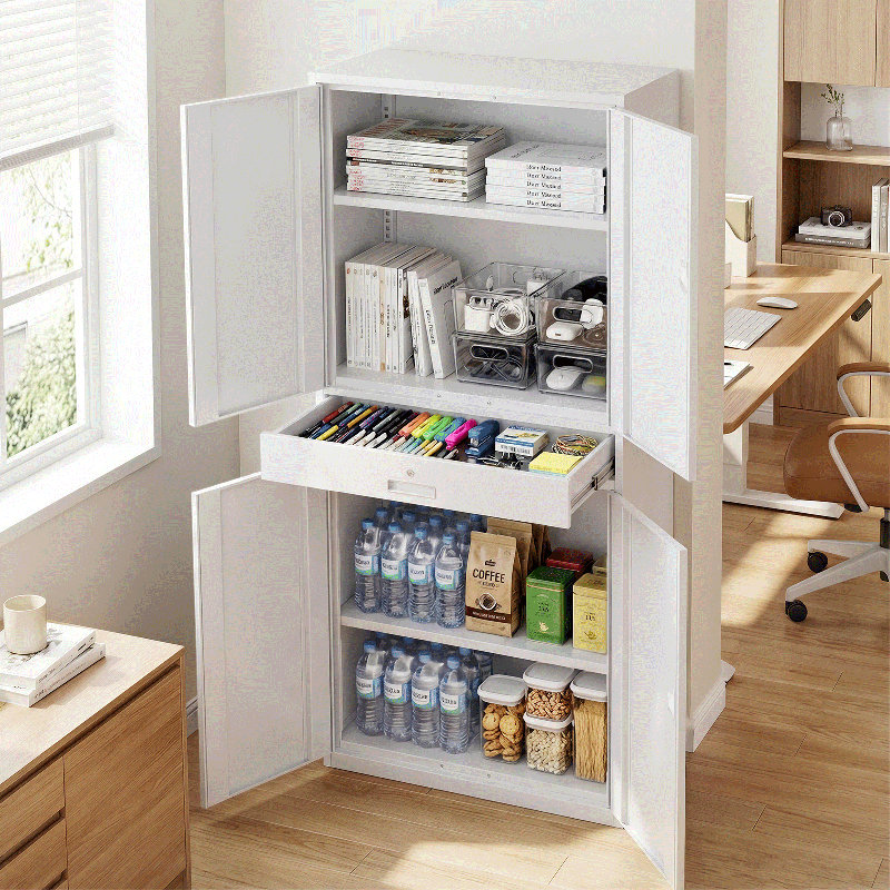 71" Metal Storage Cabinet, Garage Storage Organizer with Locking Doors, Drawer and Adjustable Shelves, White