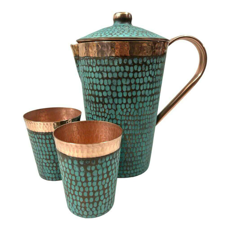Handmade Turquoise and Copper Pitcher Set with Tumblers