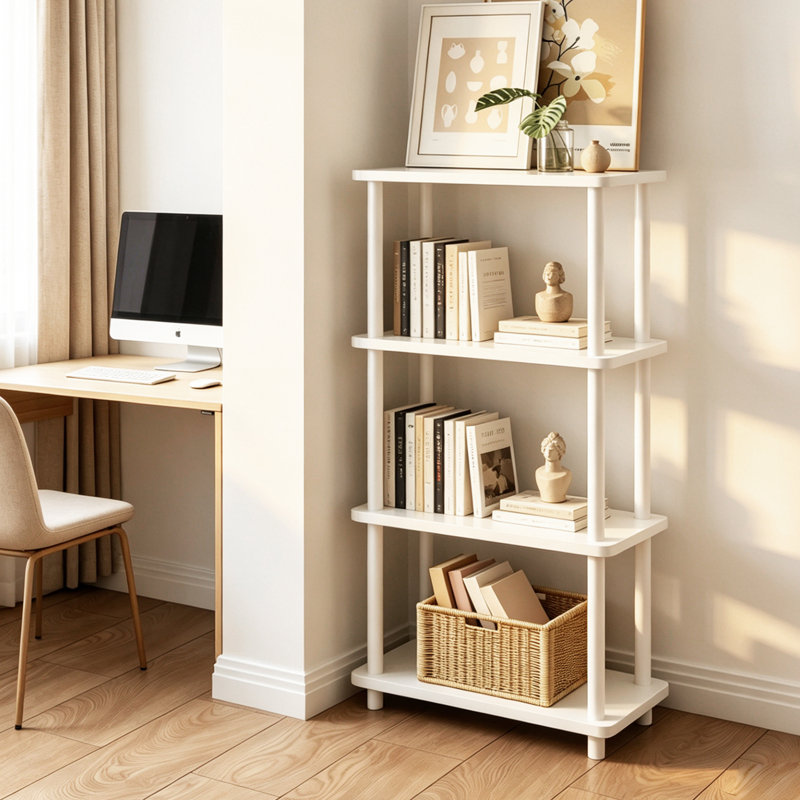 4-Tier Open Shelf Standard Bookcase, Freestanding Industrial Storage Bookshelf for Living Room Home Office, White