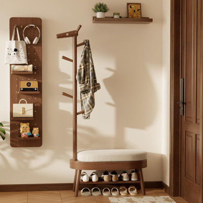 Solid Wood Entryway Shoe Bench with Adjustable Coat Rack & Cushioned Seat.