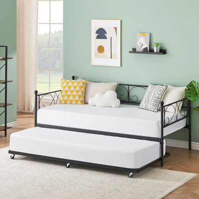 Twin Size Heavy Duty Metal Daybed Frame with Headboard, Space-Saving Sofa Bed with Metal Slat Support for Bedroom, Living Room or Guest Room, No Box Spring Needed, Easy Assembly - Black