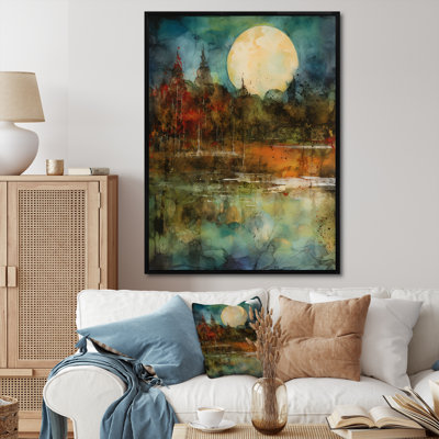 Pittoresque aquarelle pleine lune, lac d'automne sur toile