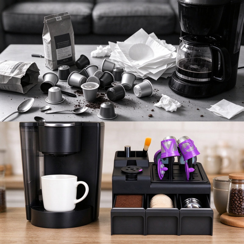 Reusable K-Cup Coffee Station Organizer with Drying Rack, Coffee Pod Maker and Filling Station for Grounds, Filters and Accessories