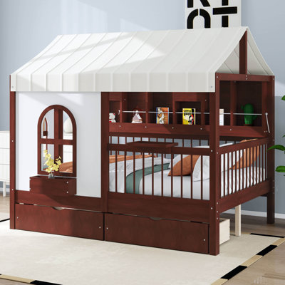 House Bed With 2 Large Storage Drawers And Side Bookshelf With LED Lights, Built-In USB Charging Station, Guardrails