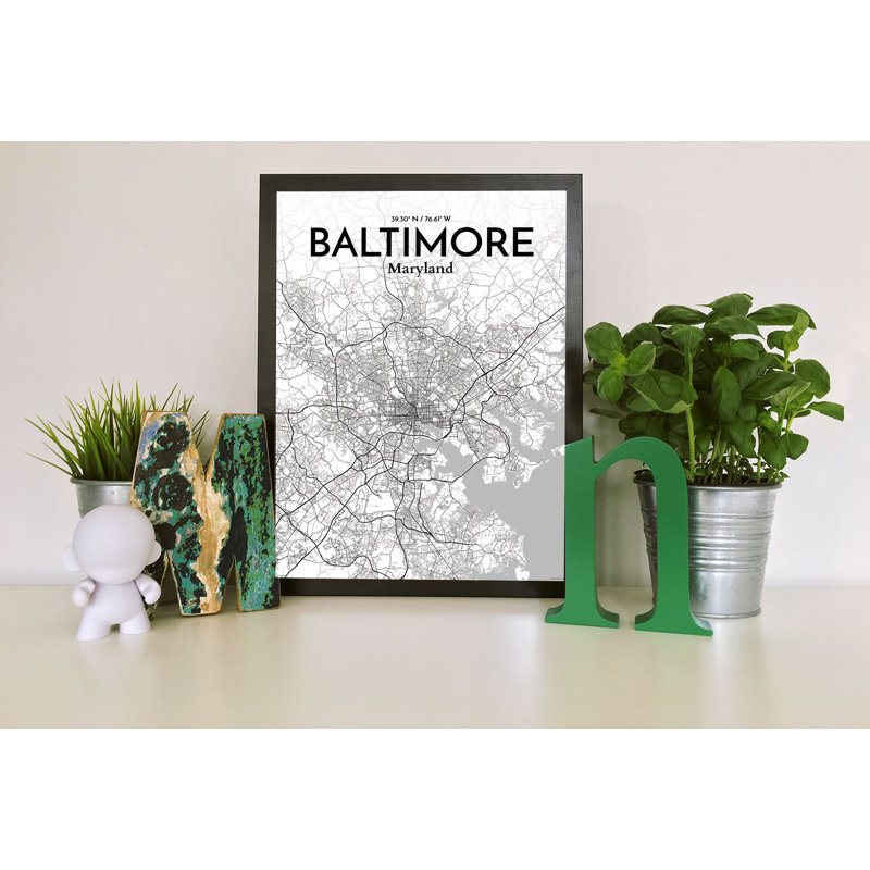 Baltimore City Map, reproduction d'impression sur affiche en blanc / gris, H 17 po x l 11 po
