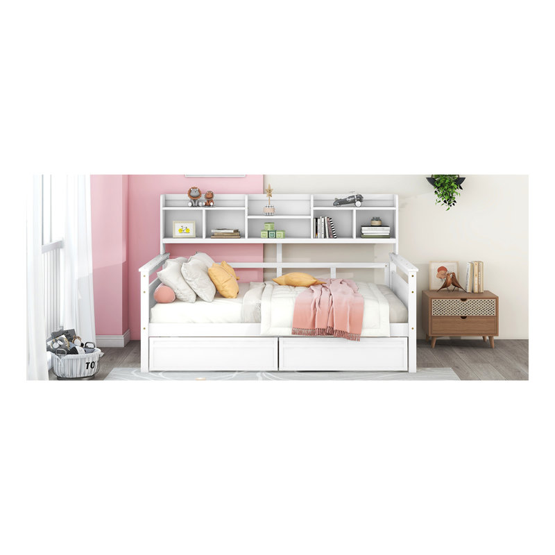 Daybed, Ileah Slat Support, with Bedside Shelves and Two Drawers, Full/Double, White