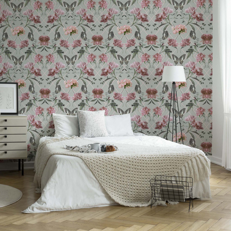 Floral Metallic Wallpaper Double Roll, Gray/Pink