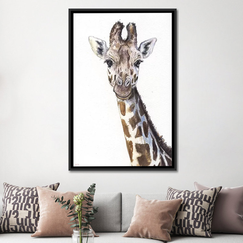 Girafe sur blanc par George Dyachenko - impression sur toile, Toile avec cadre noir, H 48 po x l 32 po x P 1,5 po